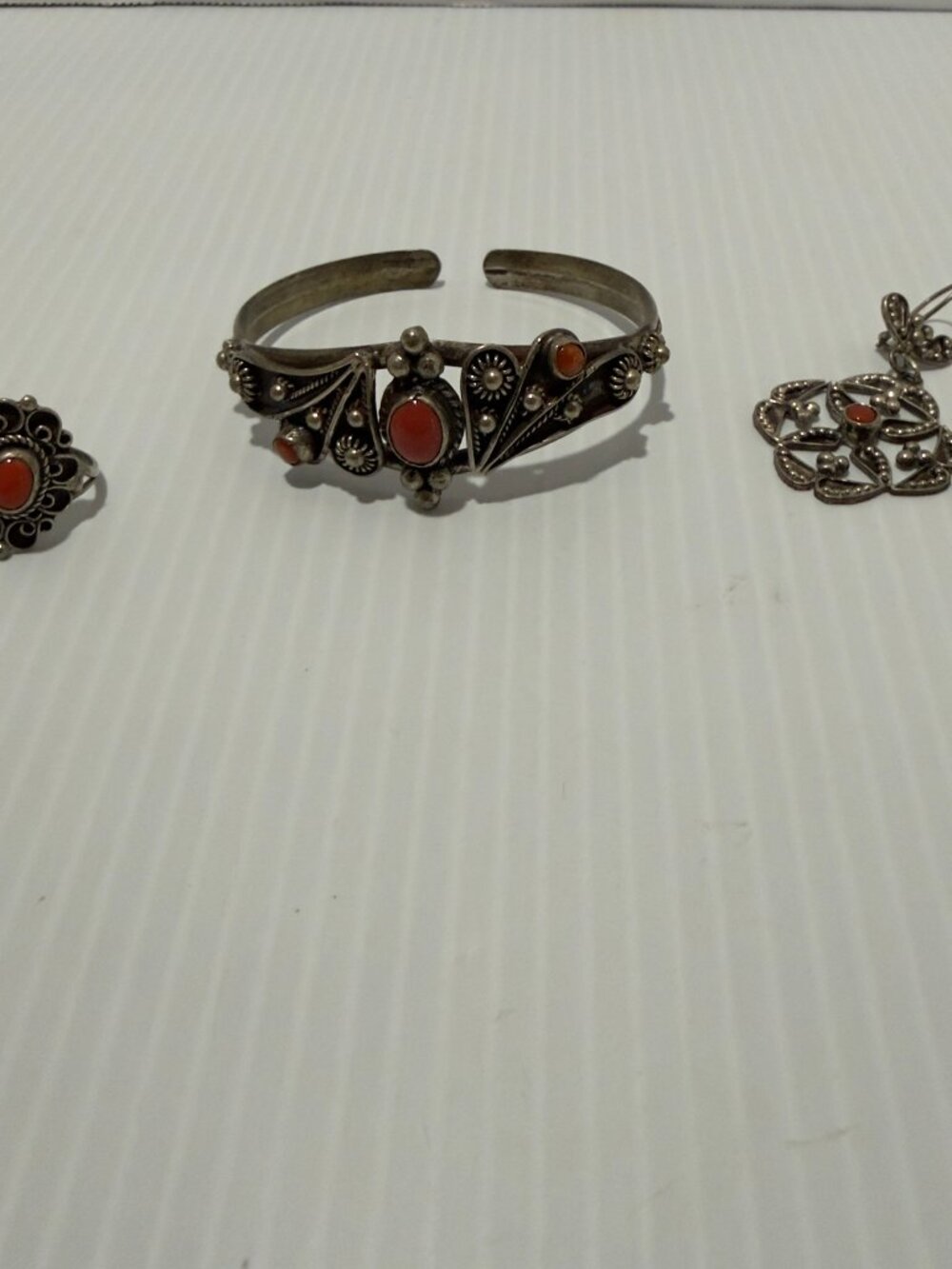 Vintage Silver Mediterranean Filigree Coral Set Cuff Bracelet Earrings Ring 925